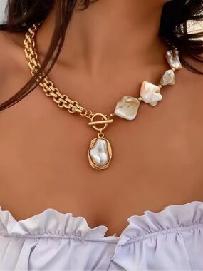Gold Chain with Irregular White Pearl Pendant Necklace